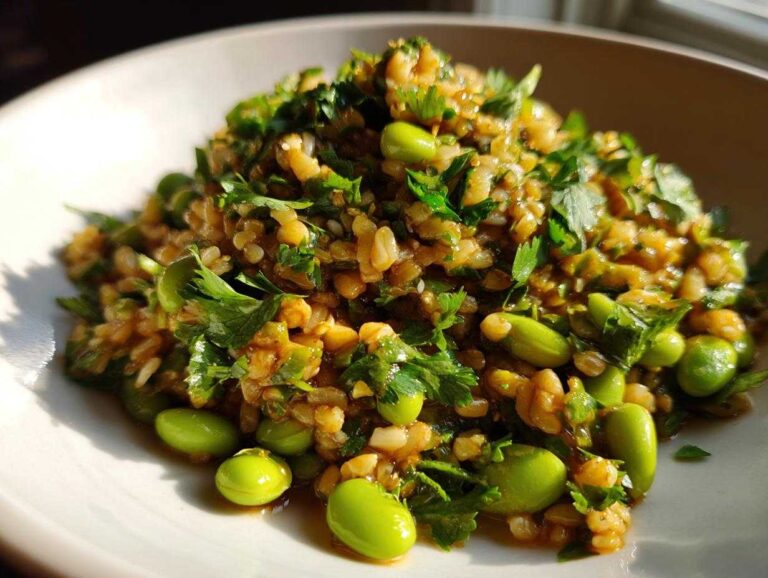Close-up of a vibrant crispy rice salad mixed with bright green edamame beans and fresh parsley.