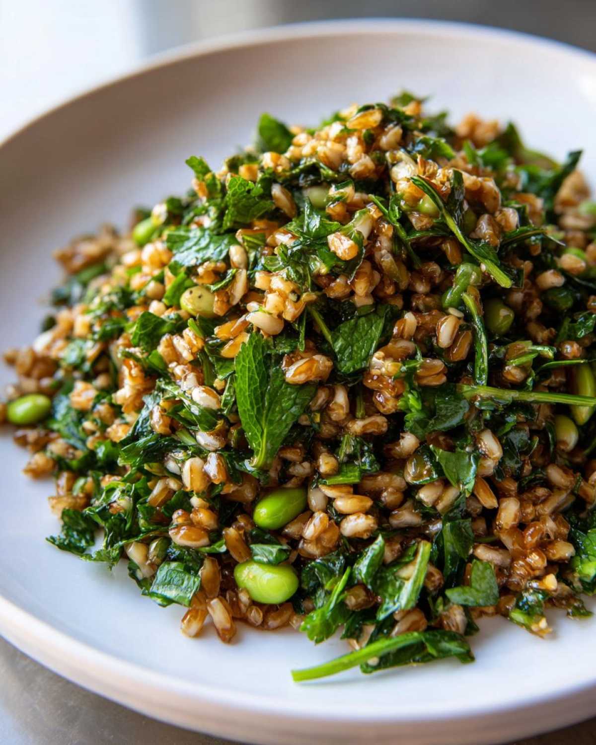A mound of vibrant crispy rice salad mixed with fresh mint, parsley, and bright green edamame beans on a white plate.