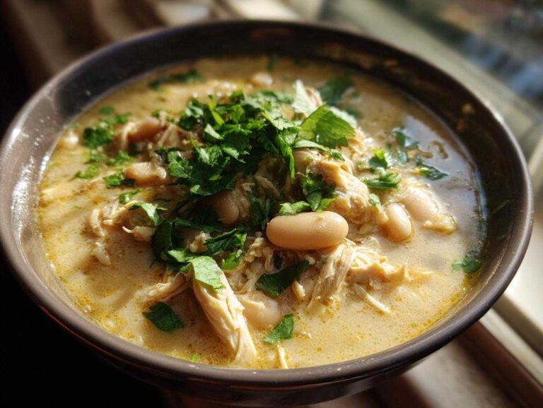 5 Star crockpot white chicken chili comfort Close-up of a hearty bowl of crockpot white chicken chili, topped with fresh cilantro.