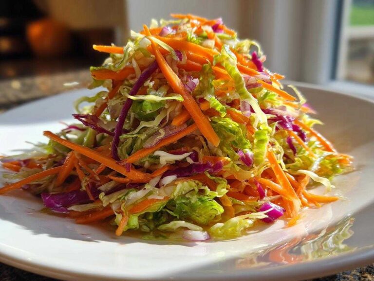 A mound of vibrant, freshly made cabbage salad featuring shredded carrots, green cabbage, and red cabbage.