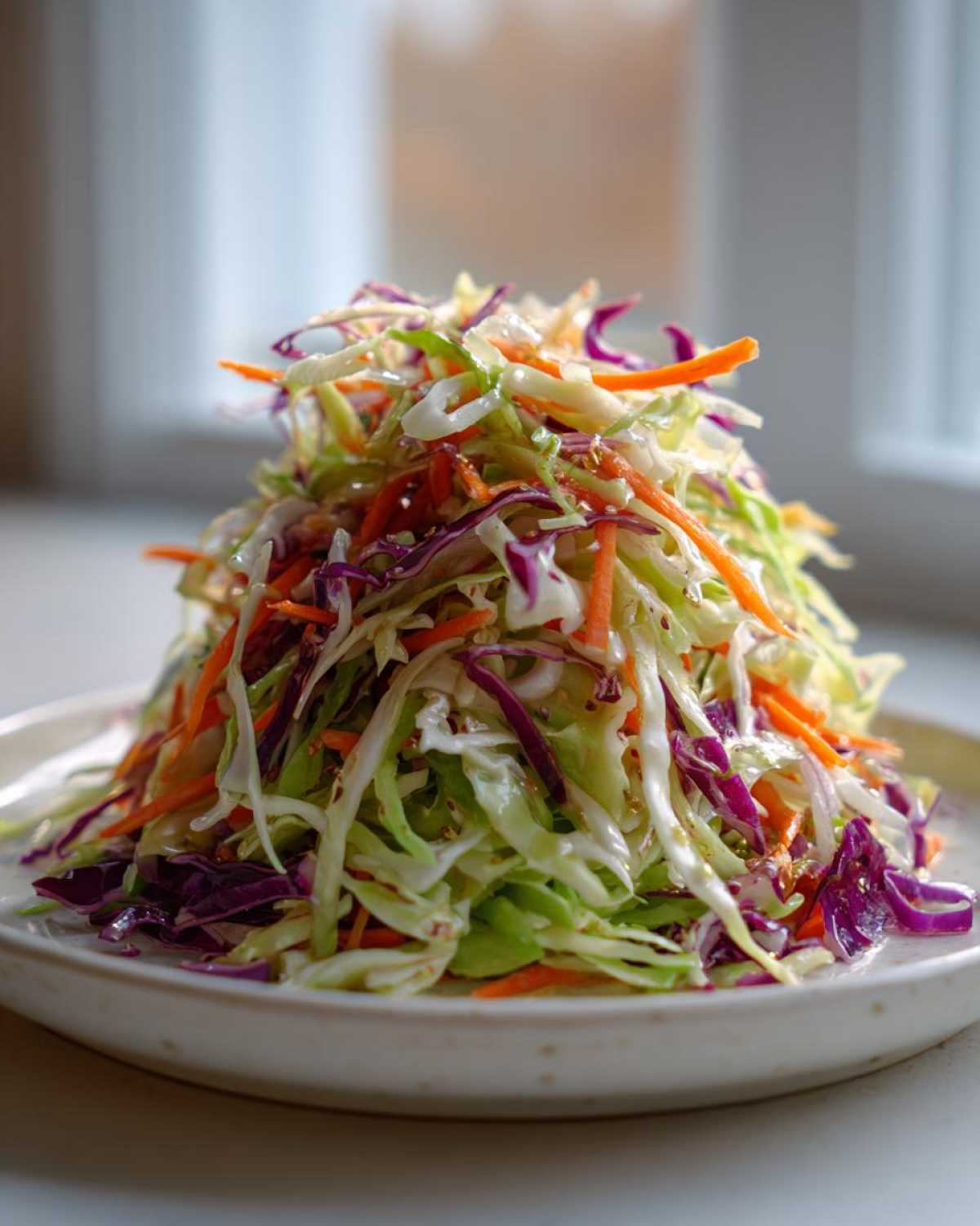 A tall mound of freshly made crunchy cabbage salad featuring shredded green and purple cabbage and carrots.