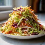 A tall mound of freshly made crunchy cabbage salad featuring shredded green and red cabbage and carrots.
