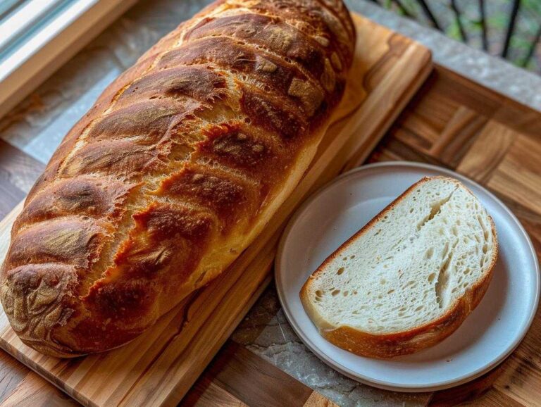 A freshly baked, crusty Italian bread loaf resting on a wooden cutting board next to a single slice on a white plate.