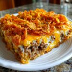 A close-up serving of Dorito Casserole featuring layers of ground beef, cheese, and a crunchy, orange chip topping.