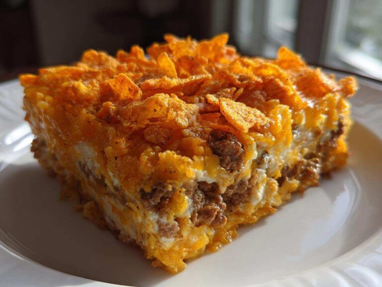 Amazing Dorito Casserole: 1 Flavor Bomb A square slice of rich Dorito Casserole featuring layers of ground meat, cheese, and a crunchy Dorito topping.