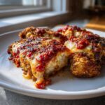 Close-up of three portions of Easy Chicken Parmesan topped with melted mozzarella and rich tomato sauce.