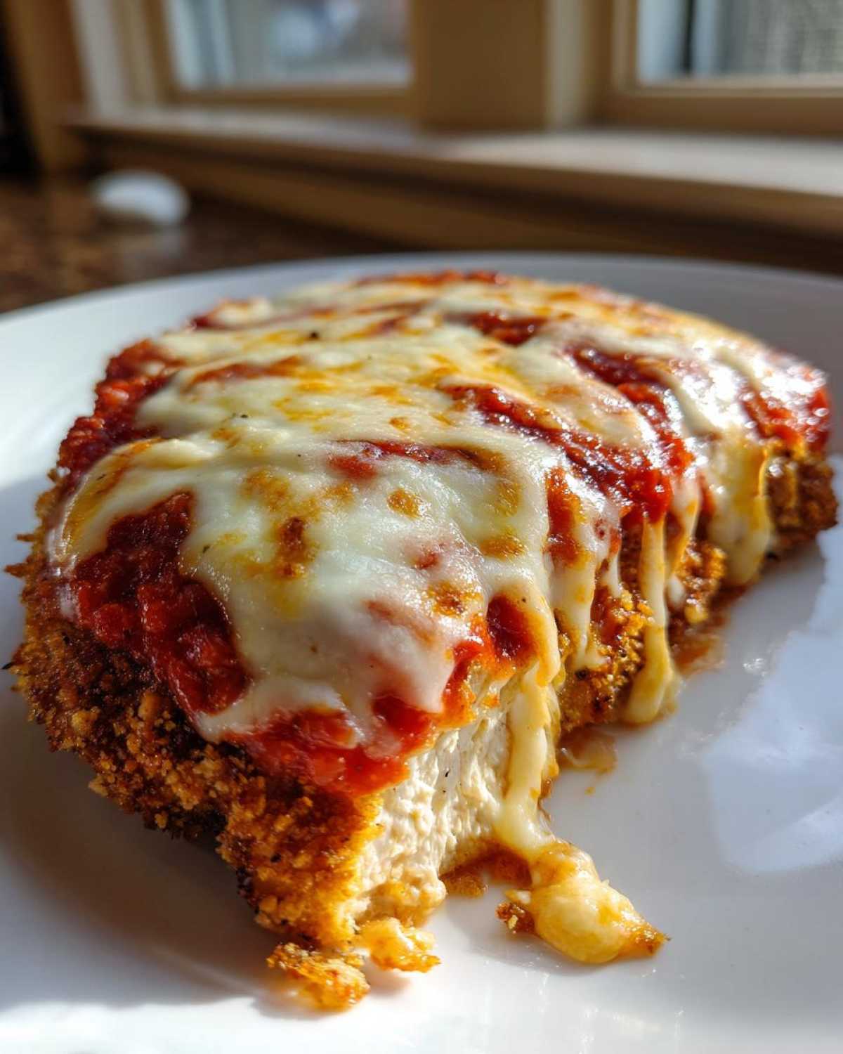 Close-up of a serving of Easy Chicken Parmesan showing crispy coating, marinara sauce, and melted mozzarella cheese.