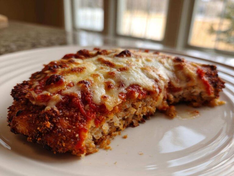 Close-up of a slice of Easy Chicken Parmesan topped with melted, bubbly mozzarella cheese and marinara sauce.