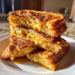 A stack of four thick slices of golden brown easy french toast drizzled with syrup on a white plate.