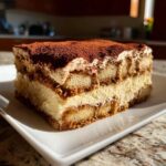 A decadent slice of homemade tiramisu recipe showing layers of cream, coffee-soaked ladyfingers, and cocoa powder dusting.
