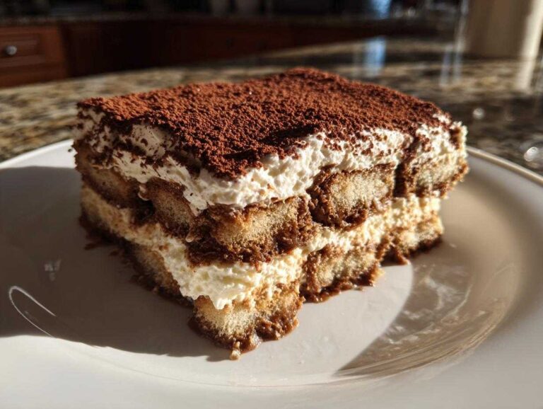 Easy 6-Step Tiramisu Recipe: Amazing Flavor A rich, layered slice of homemade tiramisu recipe dusted heavily with cocoa powder.