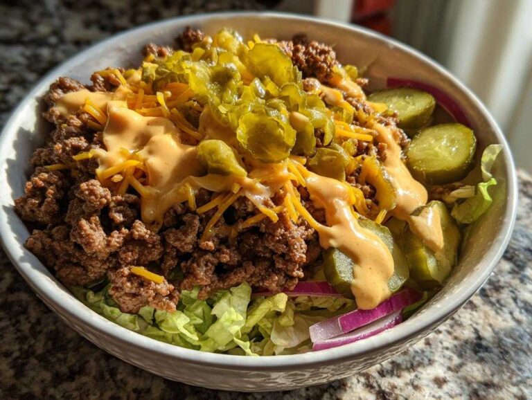 A close-up view of a hearty cheeseburger bowl featuring ground beef, shredded cheese, pickles, and special sauce over lettuce.