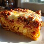 A thick, golden slice of 6-layer spaghetti pie topped with rich meat sauce and melted mozzarella cheese.