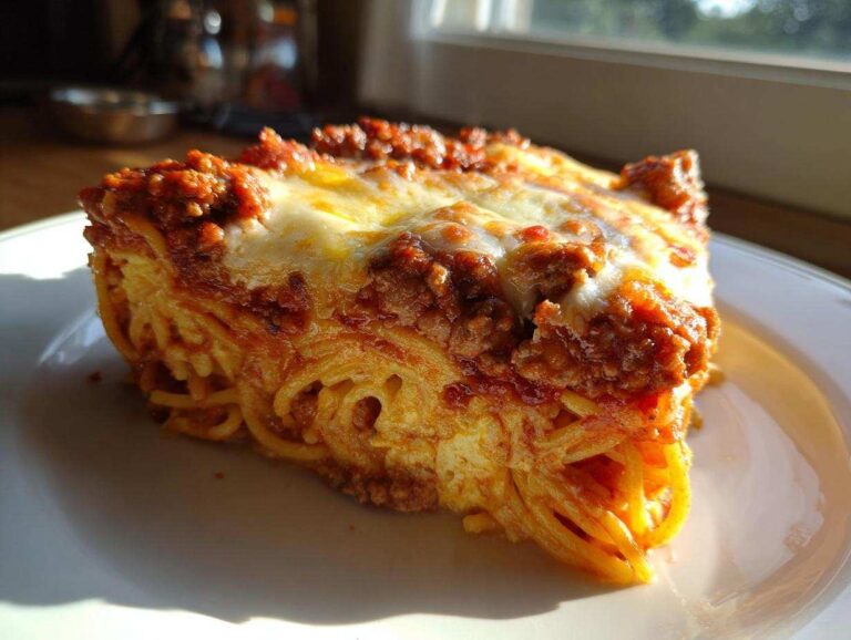 Amazing 6-Layer spaghetti pie wonder A thick, golden slice of 6-layer spaghetti pie topped with rich meat sauce and melted mozzarella cheese.