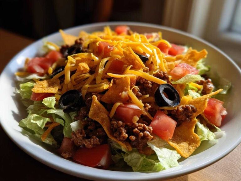 A vibrant bowl of taco salad featuring lettuce, seasoned ground beef, tomatoes, black olives, tortilla chips, and shredded cheese.