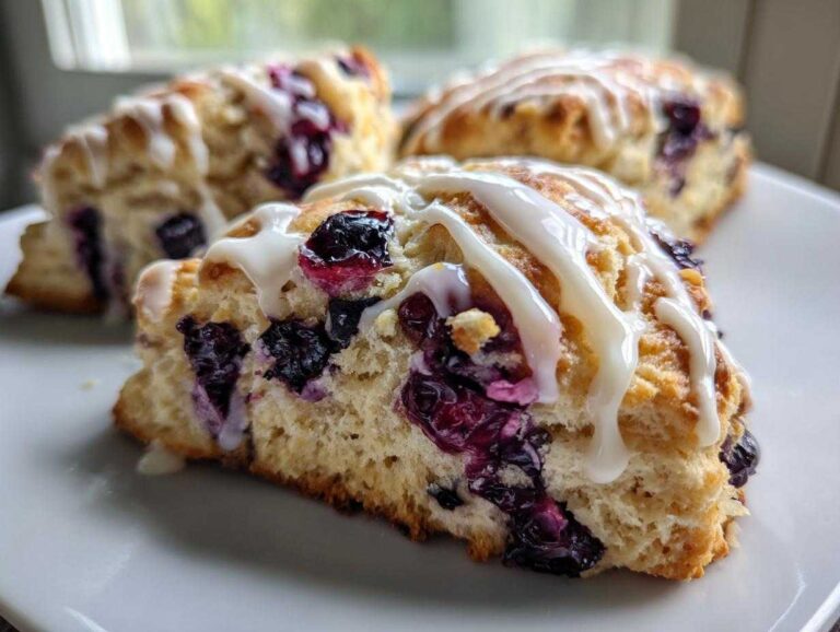 Close-up of a flaky blueberry scone drizzled with white vanilla glaze, showing juicy blueberries inside.
