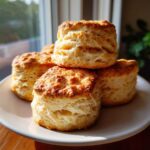 A stack of four golden-brown, flaky buttermilk biscuits piled on a light plate near a window.