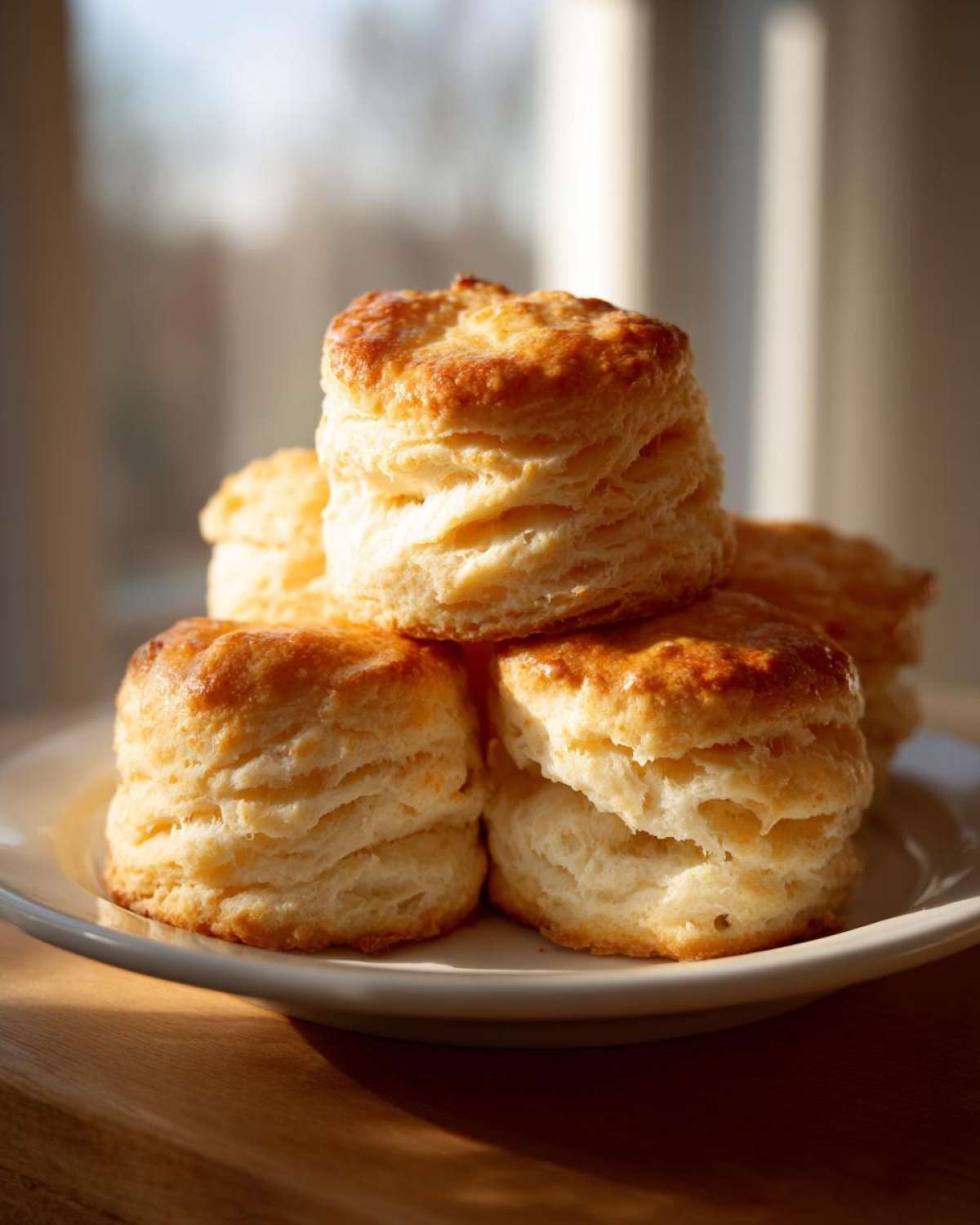 A stack of golden-brown, flaky buttermilk biscuits piled on a white plate, beautifully lit by natural light.