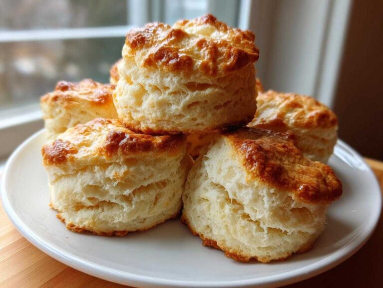Amazing 8 Flaky Buttermilk Biscuits A stack of golden-brown, flaky buttermilk biscuits piled high on a white plate near a window.