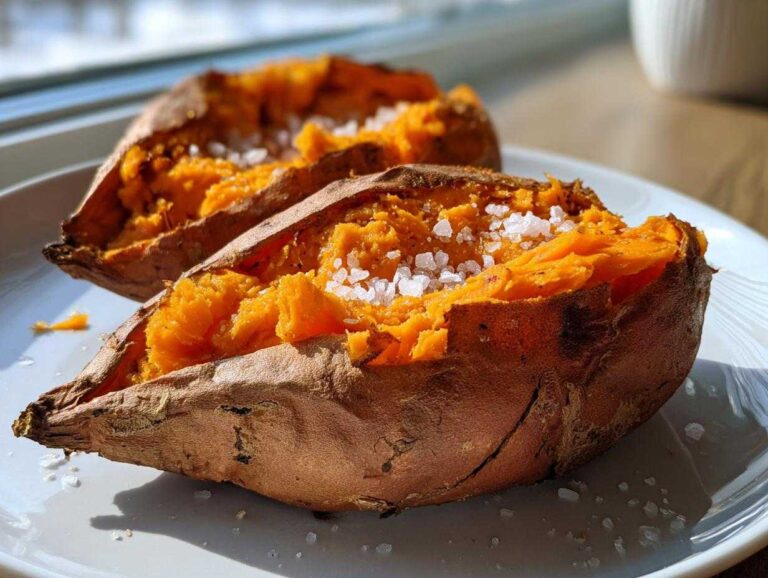 Two halves of a perfectly baked sweet potato with fluffy orange flesh topped with flaky sea salt.