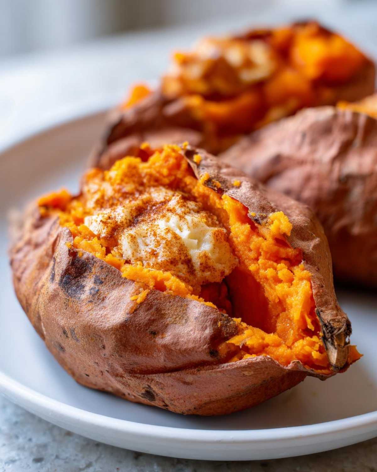 Close-up of a perfectly baked sweet potato, split open to show bright orange flesh topped with a dollop of butter and cinnamon.