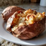 Close-up of a fluffy baked sweet potatoes, split open and seasoned with spices.