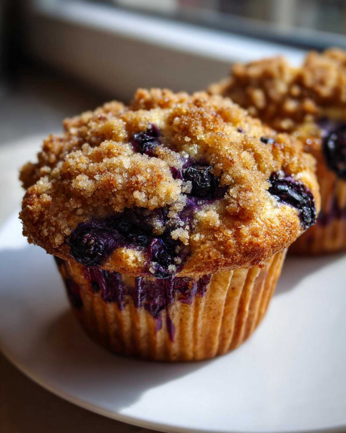 Close-up of a fluffy blueberry muffin topped with a golden brown streusel crumb topping, sitting on a white plate.