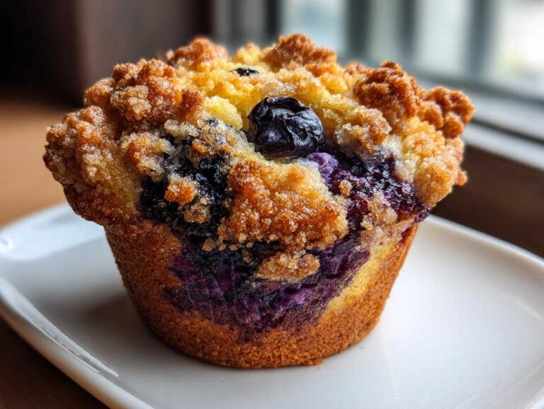 Close-up of a fluffy blueberry muffin featuring a golden crumb topping and visible bursts of purple blueberry filling.