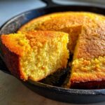 A close-up of a fluffy slice of buttermilk cornbread being pulled from the rest of the golden-brown loaf in a black cast iron skillet.