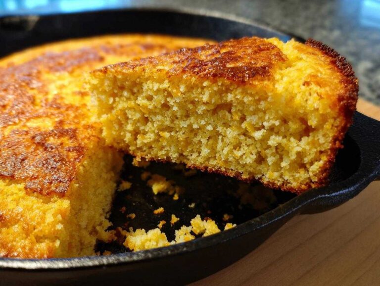 Close-up of a slice of golden buttermilk cornbread being lifted from a black cast iron skillet.