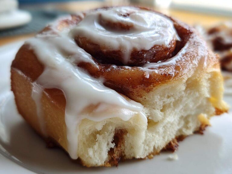 A close-up, mouth-watering shot of a single, fluffy cinnamon roll topped with thick white icing.