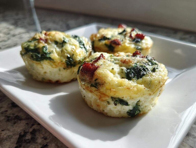Three fluffy egg bites featuring spinach and sun-dried tomatoes served on a white rectangular plate.