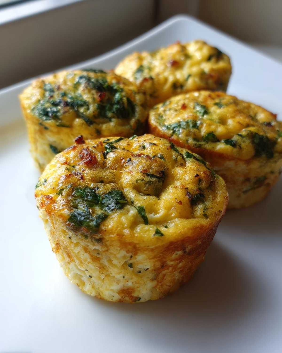 Close-up of four golden brown, fluffy egg bites studded with green spinach, ready to eat.