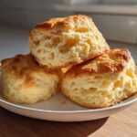 Three perfectly risen, fluffy scones with golden tops stacked on a small white plate.