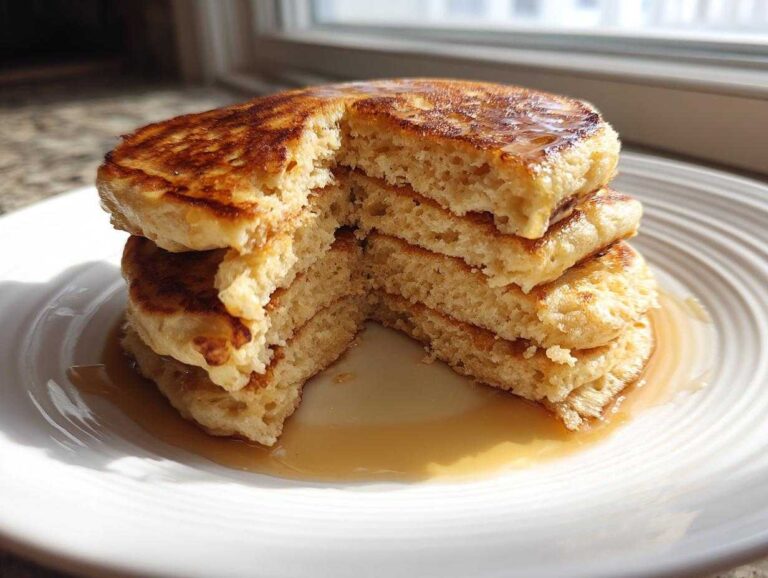 Fluffy Greek Yogurt Pancakes: 1 Amazing Trick A stack of fluffy greek yogurt pancakes with a piece cut out, drizzled with syrup.