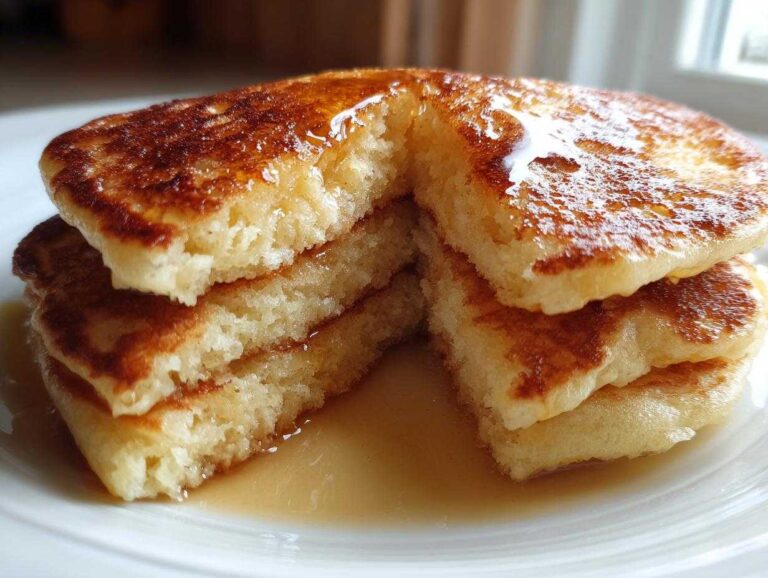 Close-up of a stack of fluffy pancakes cut open, drizzled generously with golden syrup.