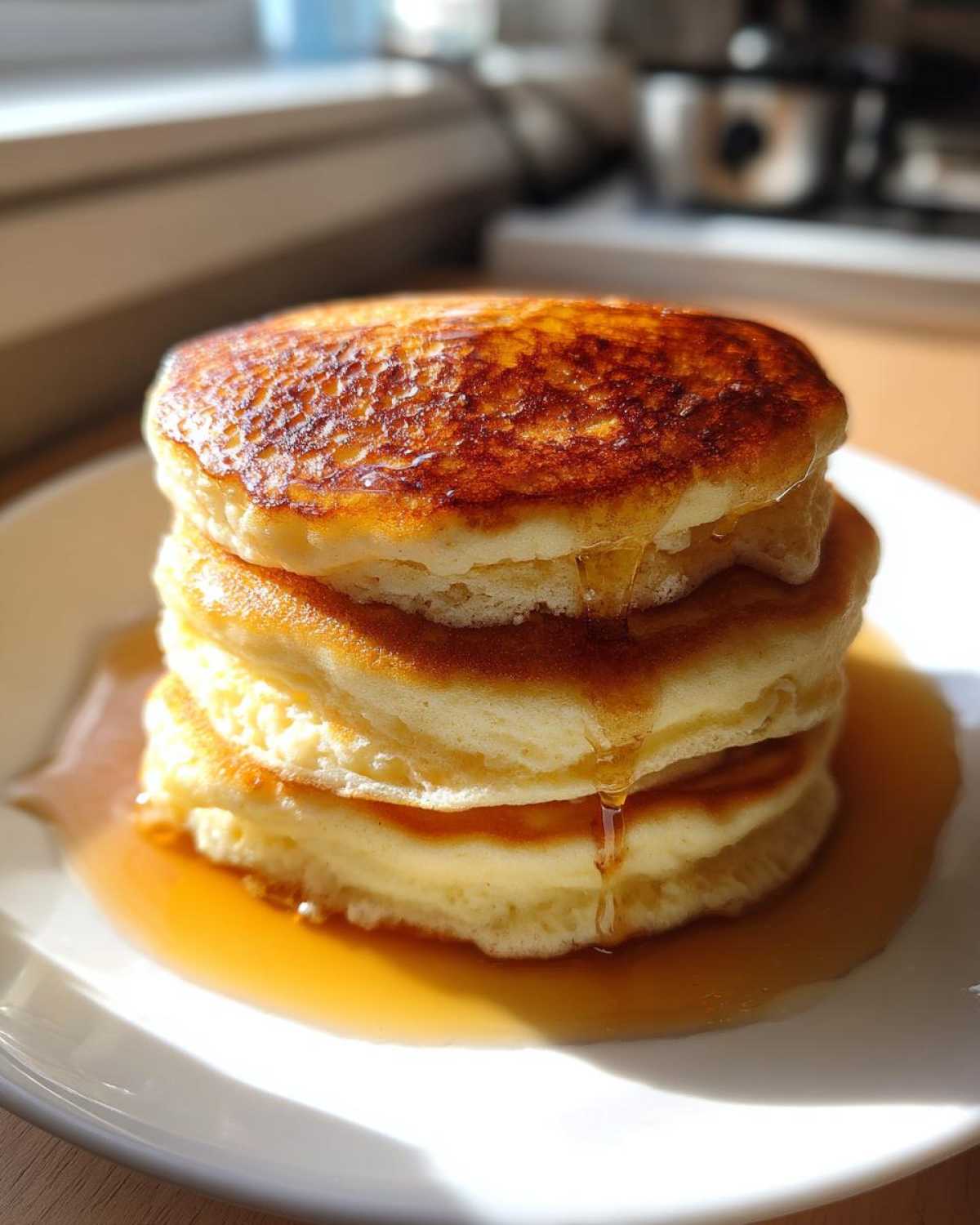 A tall stack of three fluffy pancakes soaking in maple syrup, highlighting the golden-brown tops.