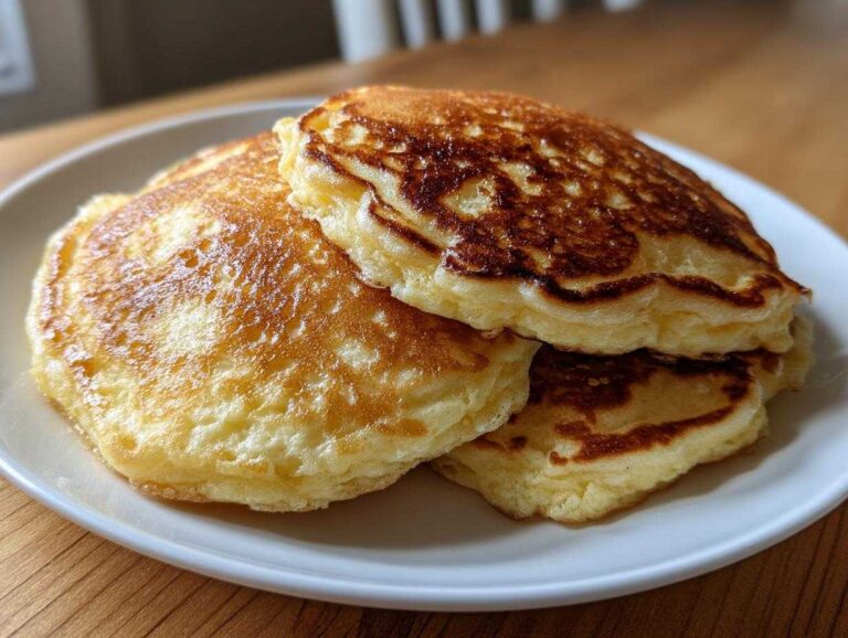 Astonishing 1 Cup Sourdough Pancakes A close-up of three golden-brown, fluffy sourdough pancakes stacked on a white plate.