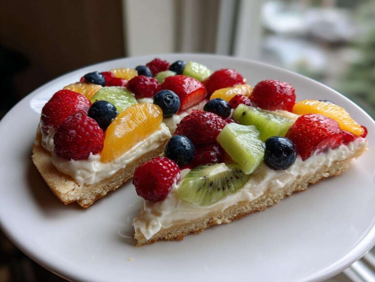 Two slices of fruit pizza sugar cookie topped with cream cheese frosting and fresh berries and kiwi.