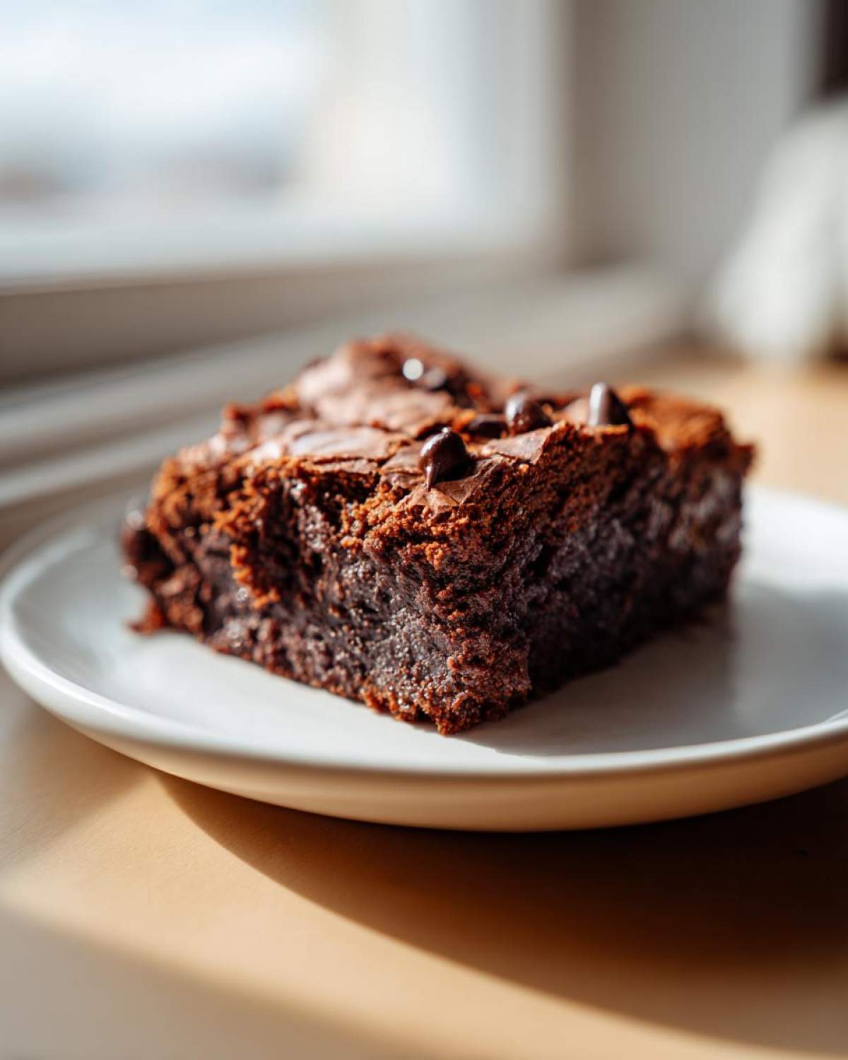 Close-up of a fudgy sweet potato brownies slice topped with chocolate chips, sitting on a white plate.