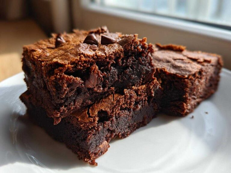 Close-up of fudgy sweet potato brownies stacked on a white plate, topped with melted chocolate chips.