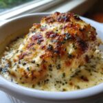 A close-up of a baked chicken breast topped with melted, browned cheese and herbs, sitting in a creamy garlic parmesan sauce.