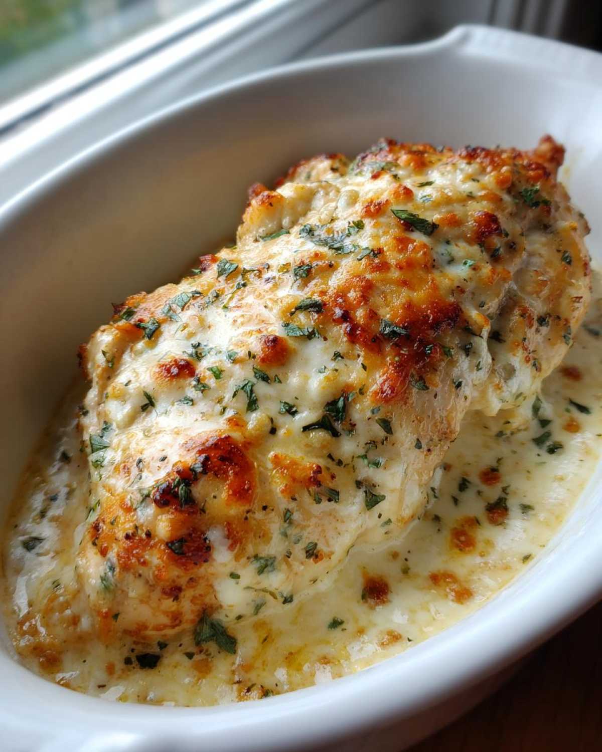 Close-up of a juicy chicken breast covered in melted, browned cheese and parsley, sitting in a creamy sauce in a white baking dish, perfect for garlic parmesan chicken bake.