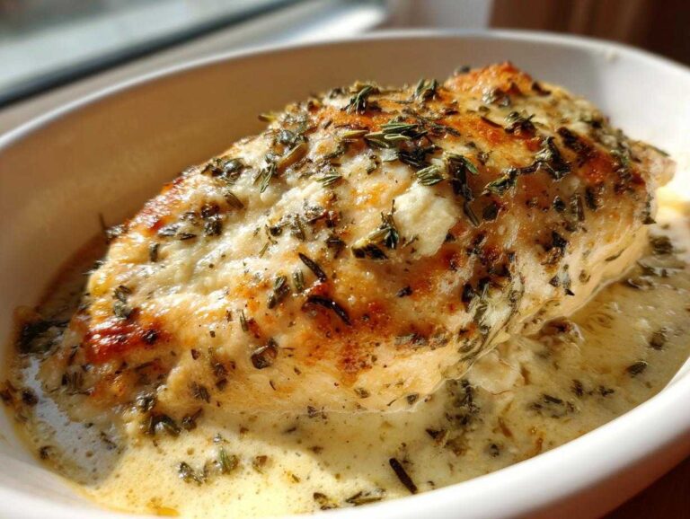 A close-up of a perfectly cooked garlic parmesan chicken bake breast sitting in a creamy, herb-flecked sauce in a white dish.