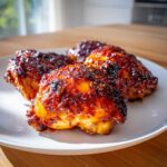 Close-up of four juicy chicken thighs coated in a thick, glossy bbq sauce glaze on a white plate.