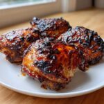 Four pieces of sticky, caramelized bbq chicken on a white plate.