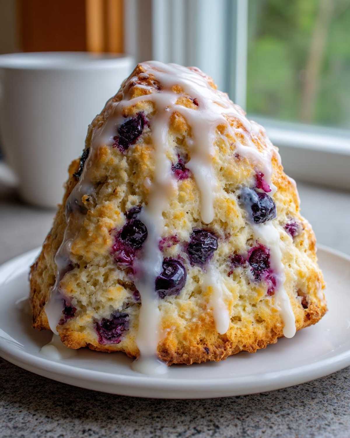 A tall, triangular blueberry scone topped with thick white glaze, served on a white plate.