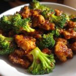 A close-up of a white bowl filled with saucy, glazed chicken and bright green broccoli florets, featuring the primary keyword chicken and broccoli.