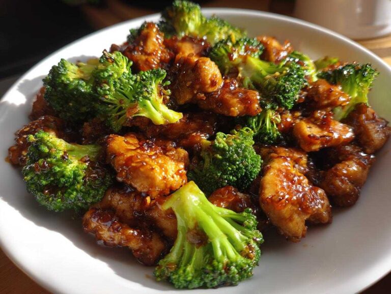 A close-up of a white bowl filled with saucy, glazed chicken and bright green broccoli florets, featuring the primary keyword chicken and broccoli.