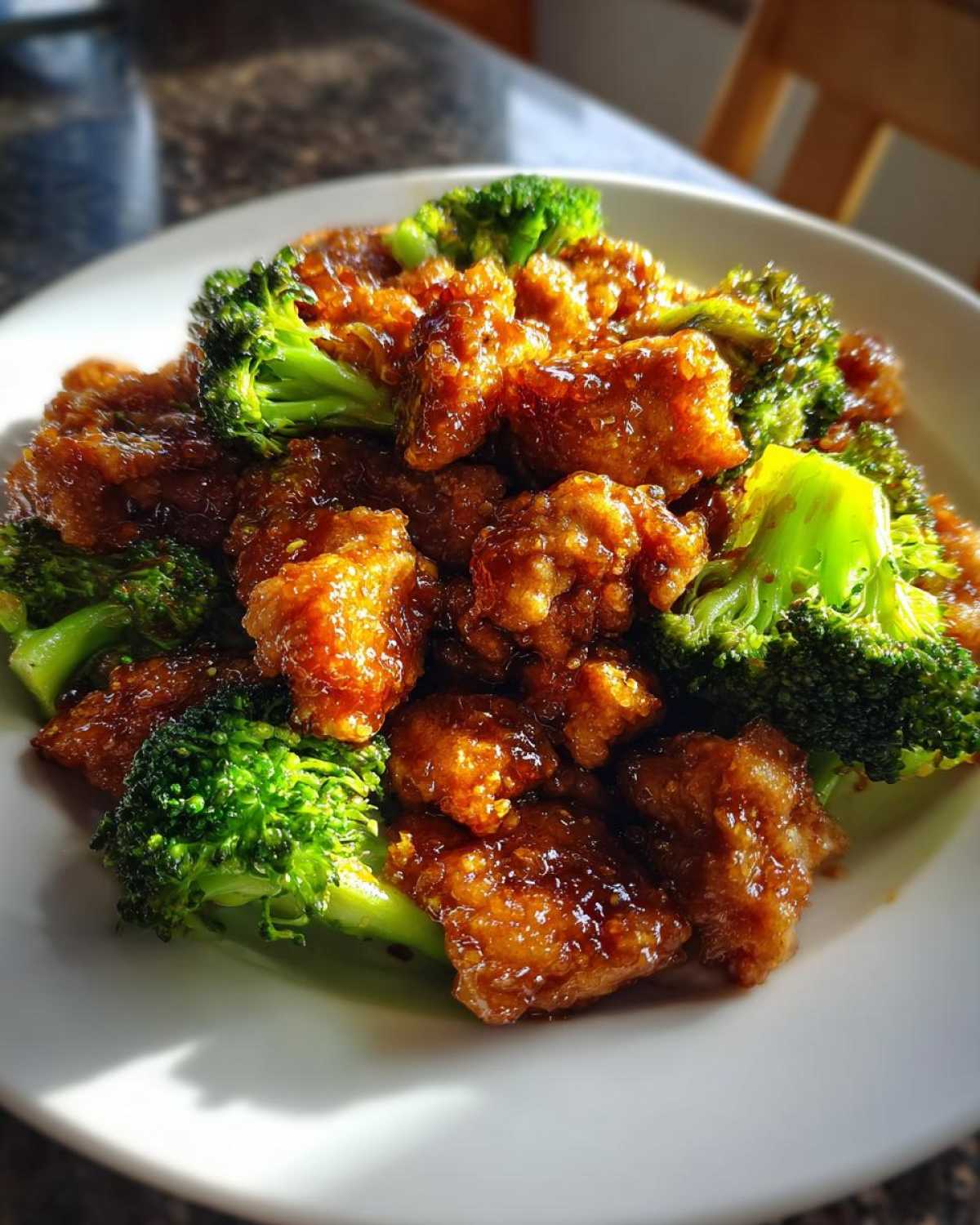 A close-up shot of a plate featuring saucy, glazed chicken pieces mixed with bright green broccoli florets, representing chicken and broccoli.